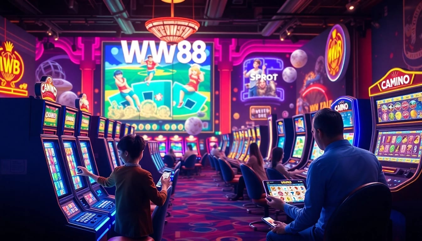 Exciting online gaming experience at WW88 featuring vibrant casino elements and players engaging on mobile devices.