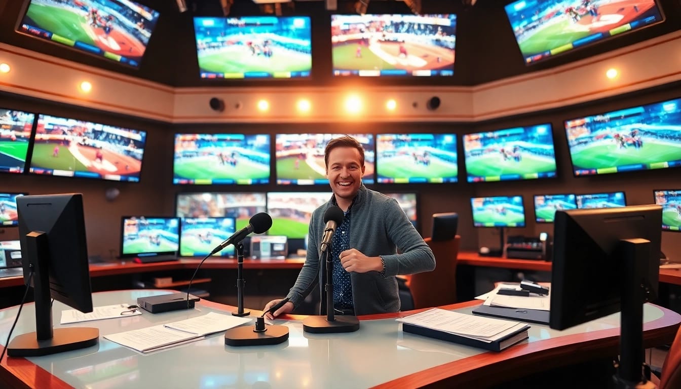 Engaging scene of sports broadcasting with host and vibrant screens displaying sports events.