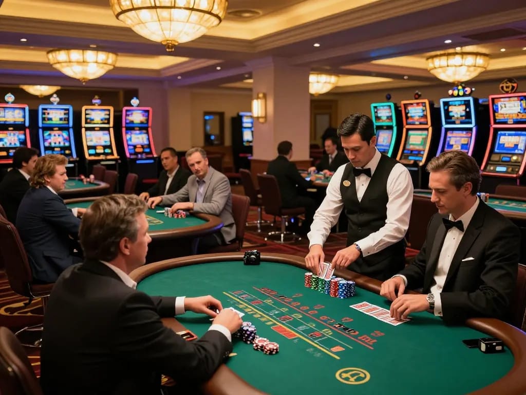 Players enjoying a thrilling game of blackjack at an upscale casino, Hello88, amid vibrant surroundings.
