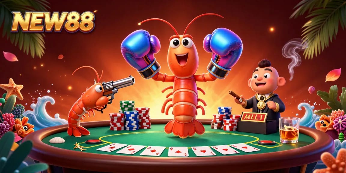 Experience the thrilling poker action at NEW88 with an exciting scene featuring dynamic characters and vibrant casino elements.
