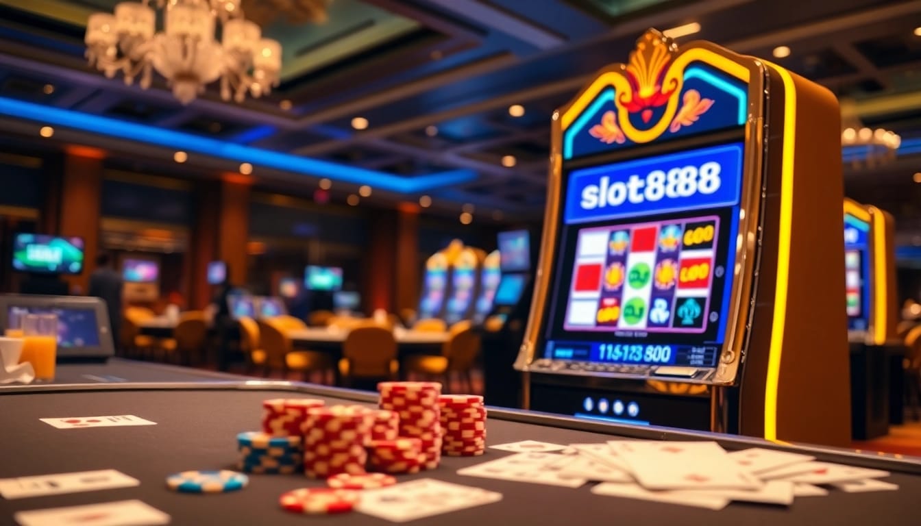Engaging slot888 users by spinning vibrant slot machines in a luxurious casino setting.