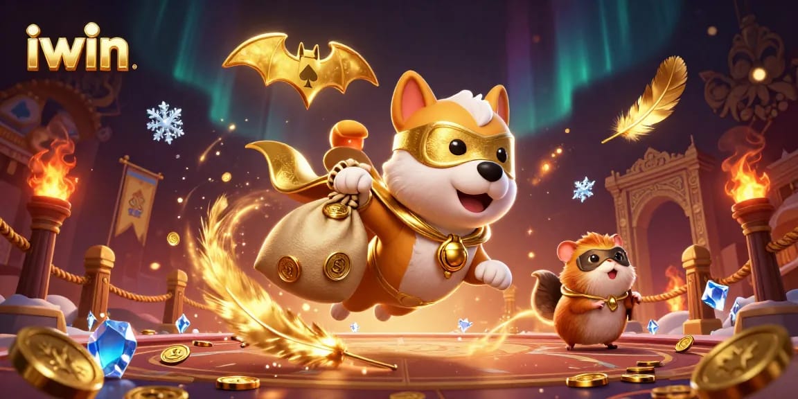 iwin cartoon superhero dog flies with gold coins in a rich casino themed artwork.