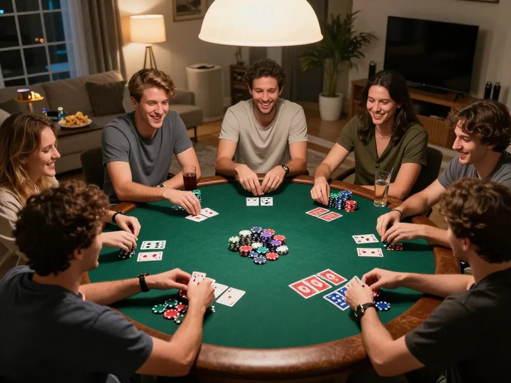 Friends enjoying a lively poker night at home, focusing on o8 gaming strategies and camaraderie