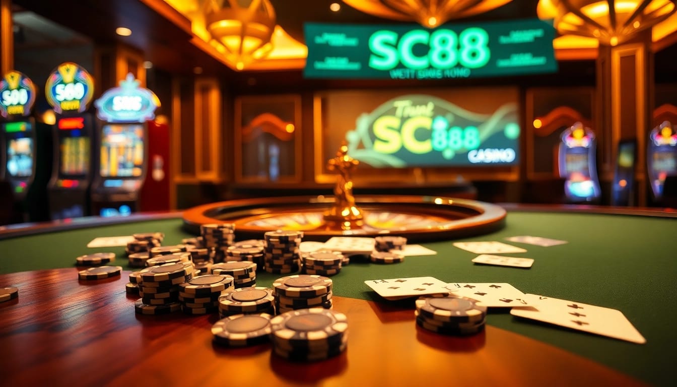 Experience SC88's luxury casino atmosphere with vibrant tables, cards, and roulette excitement.