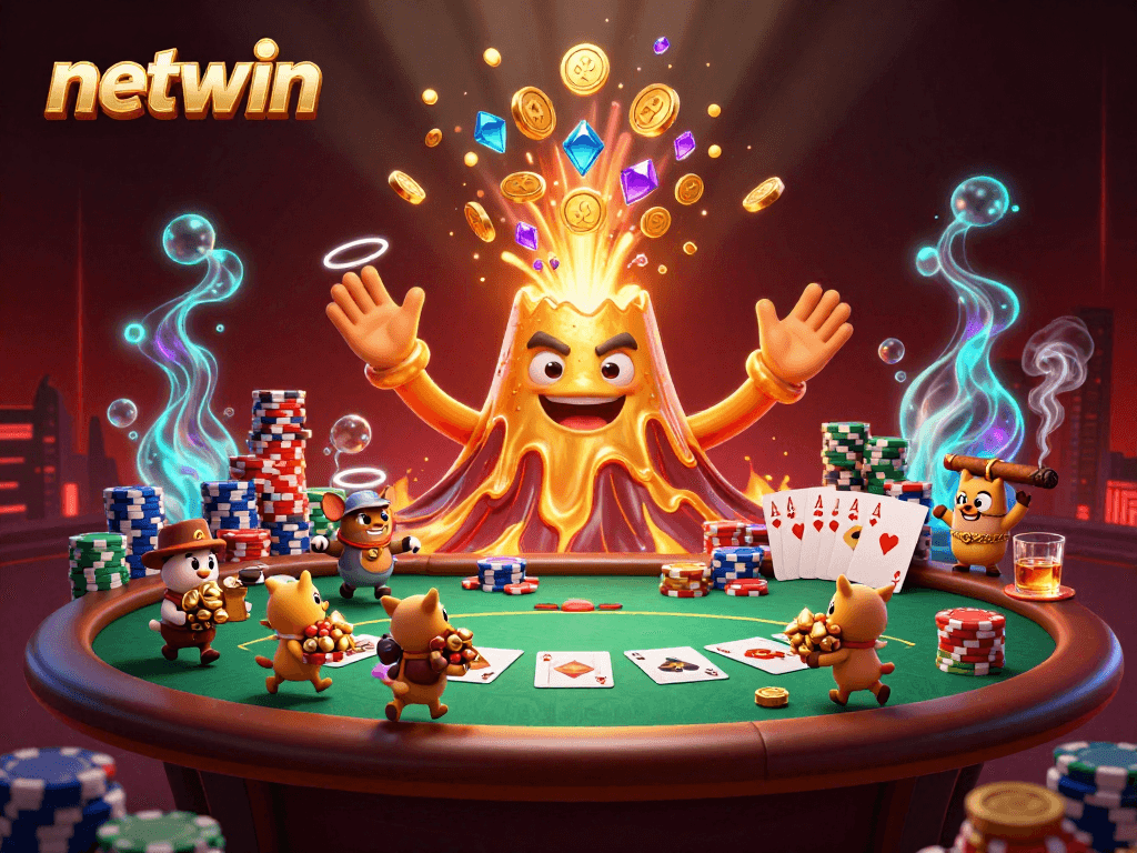Experience the thrill of netwin as golden lava and treasures erupt from a triumphant volcano in a vibrant casino scene.