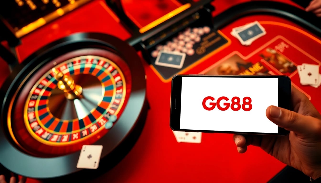 Experience the thrill of GG88 with a luxurious casino scene showcasing poker tables and roulette.