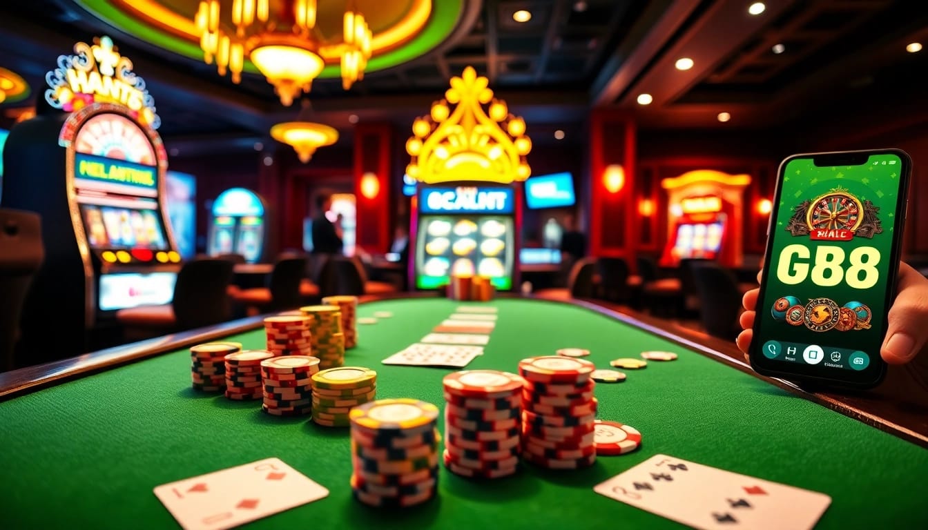 Experience GG88's thrilling casino excitement with poker tables and vibrant slot machines.