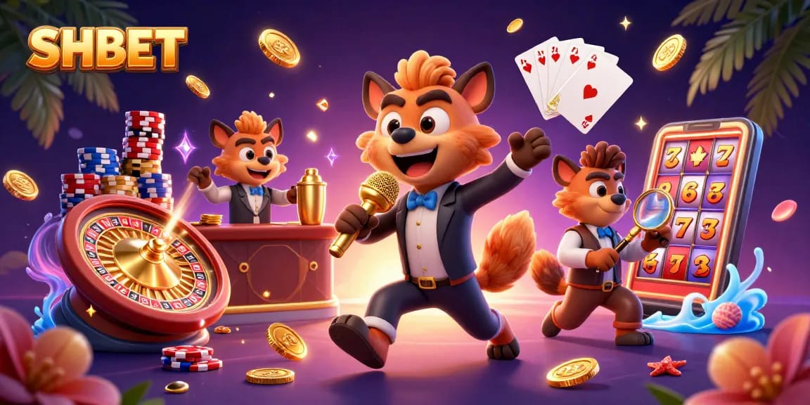 Experience the SHBET casino with hyenas enjoying a lively comedy night featuring coins and games.