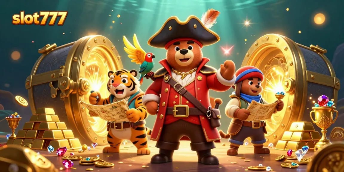 Spin to win with slot777 in this vibrant 3D casino scene featuring treasures!