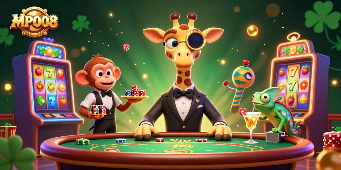Engage with the vibrant excitement of MPO08 at the casino featuring high-roller giraffe and playful monkey valet.