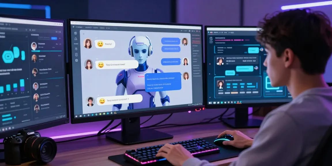 User engaging with an interactive NSFW AI chatbot in a vibrant digital environment showcasing customizable avatars and a sleek desktop setup.