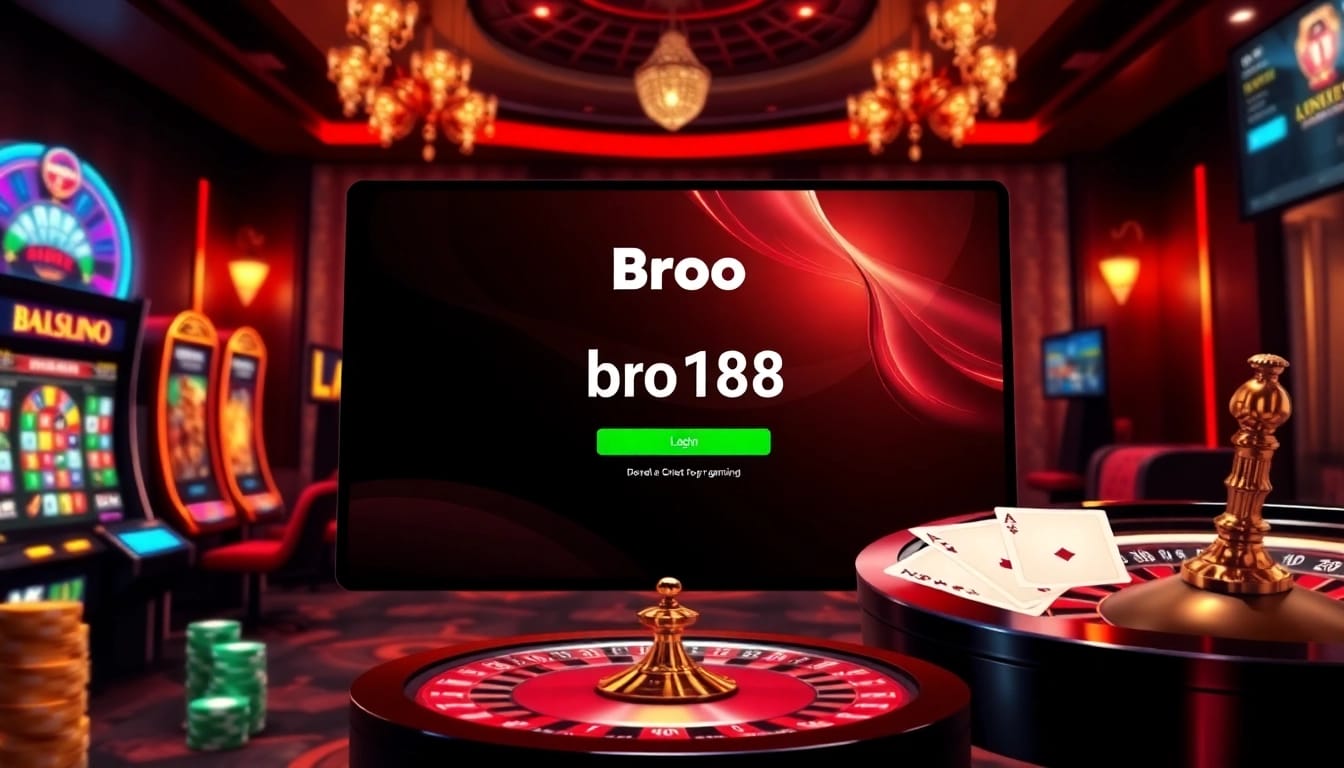 Engage with the thrilling bro138 login at a vibrant online casino featuring poker chips and slot machines.
