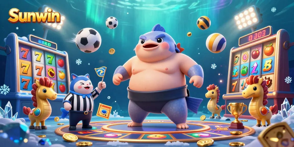 Sunwin slot games excitement featuring a dynamic underwater theme with a colorful fugu and whimsical characters.