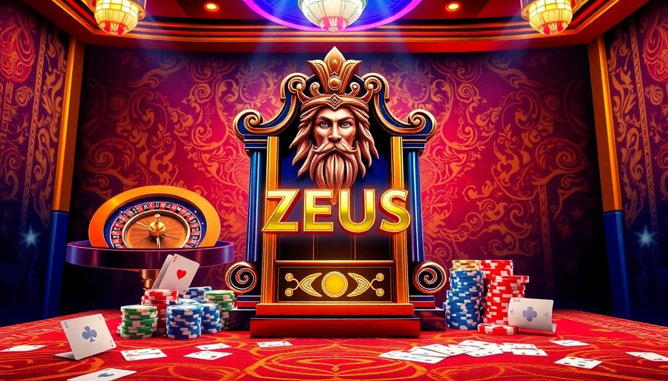 Mesin slot zeus yang menarik dikelilingi oleh elemen kasino yang cerah, menunjukkan suasana perjudian yang mewah.