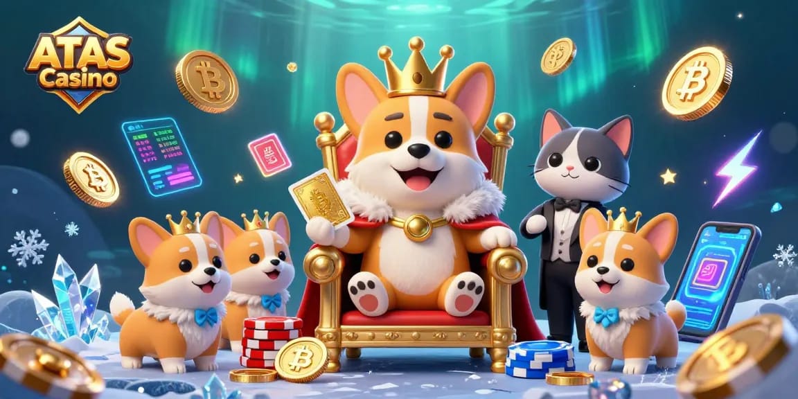 Engage and win at ATAS Casino with vibrant characters, crypto elements, and dynamic casino atmosphere.