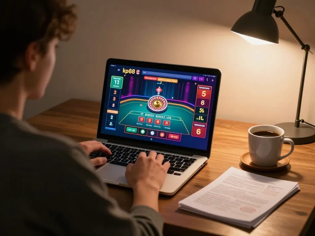 Player enjoying thrilling live dealer game on kp88 while analyzing betting strategies in home setting.