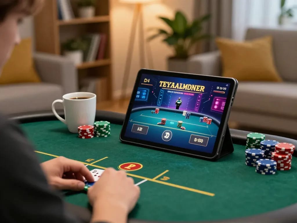 Engaged player analyzing poker strategy in antoinelarocque themed online gaming setup with tablet interface.
