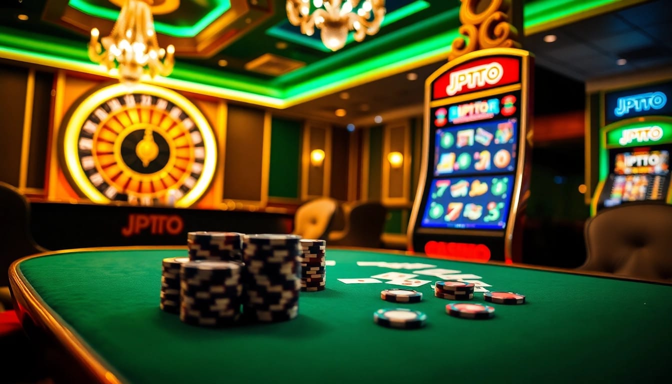 Rasakan sensasi JPTOTO dengan elemen kasino yang vibrant menampilkan chip poker dan mesin slot.