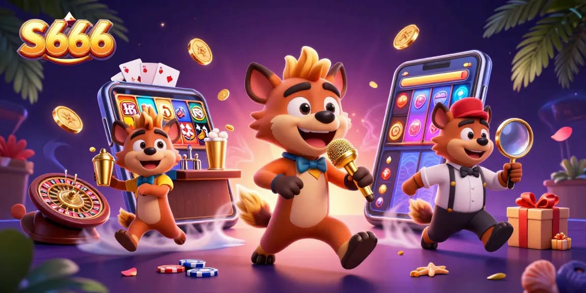 Experience exciting games at S666, featuring vibrant hyena characters in a lively casino scene.