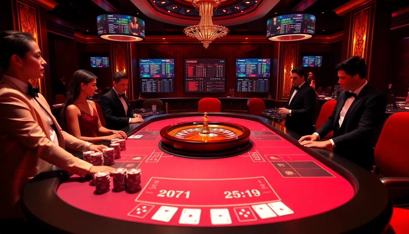Gamblers enjoying an exciting roulette game at https://onew88.com/ in a luxurious, atmosphere full of thrills and anticipation.