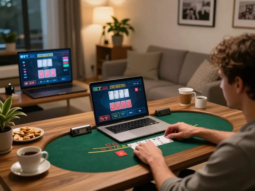 Player immersing in live dealer blackjack at llwin, enjoying a cozy gaming setup with snacks and coffee
