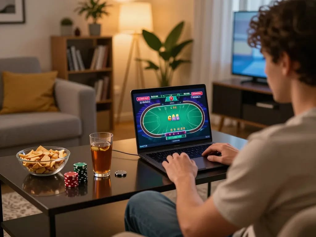 Player enjoying an online poker game on a laptop while sipping a drink, showcasing a cozy home gaming scene with ropatendidafanzine highlights.