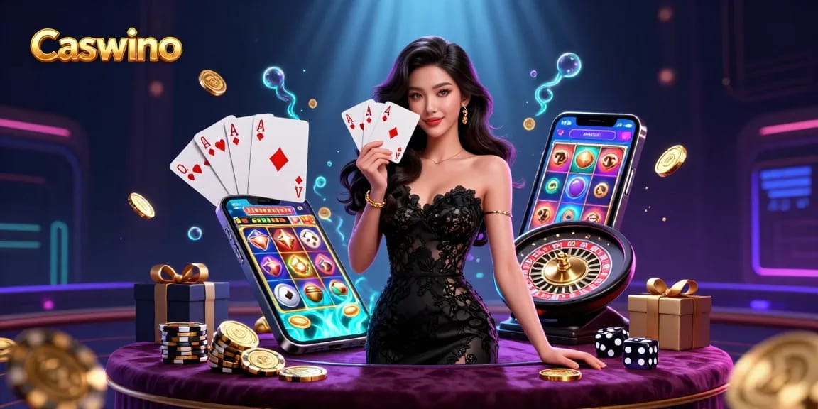Experience high-stakes thrills at Caswino with vibrant casino elements and a captivating dealer.