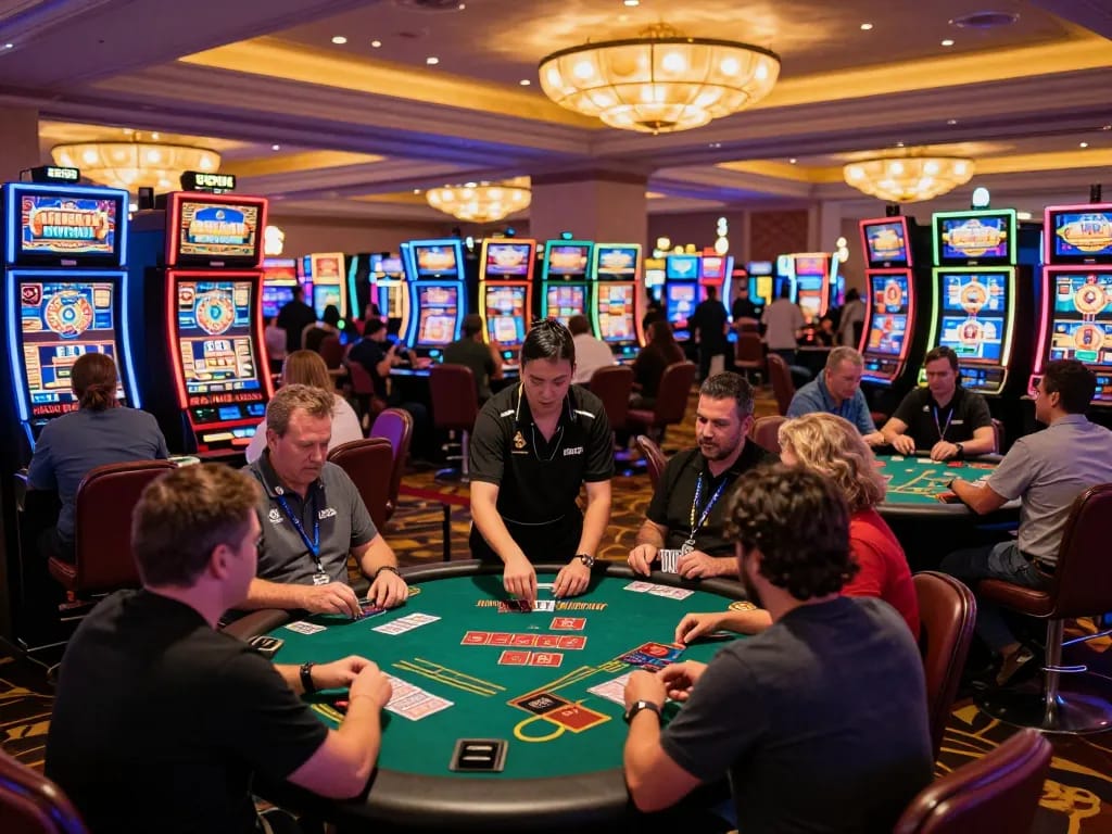 Players enjoying F168 blackjack at a vibrant Las Vegas casino, highlighting strategic gameplay.