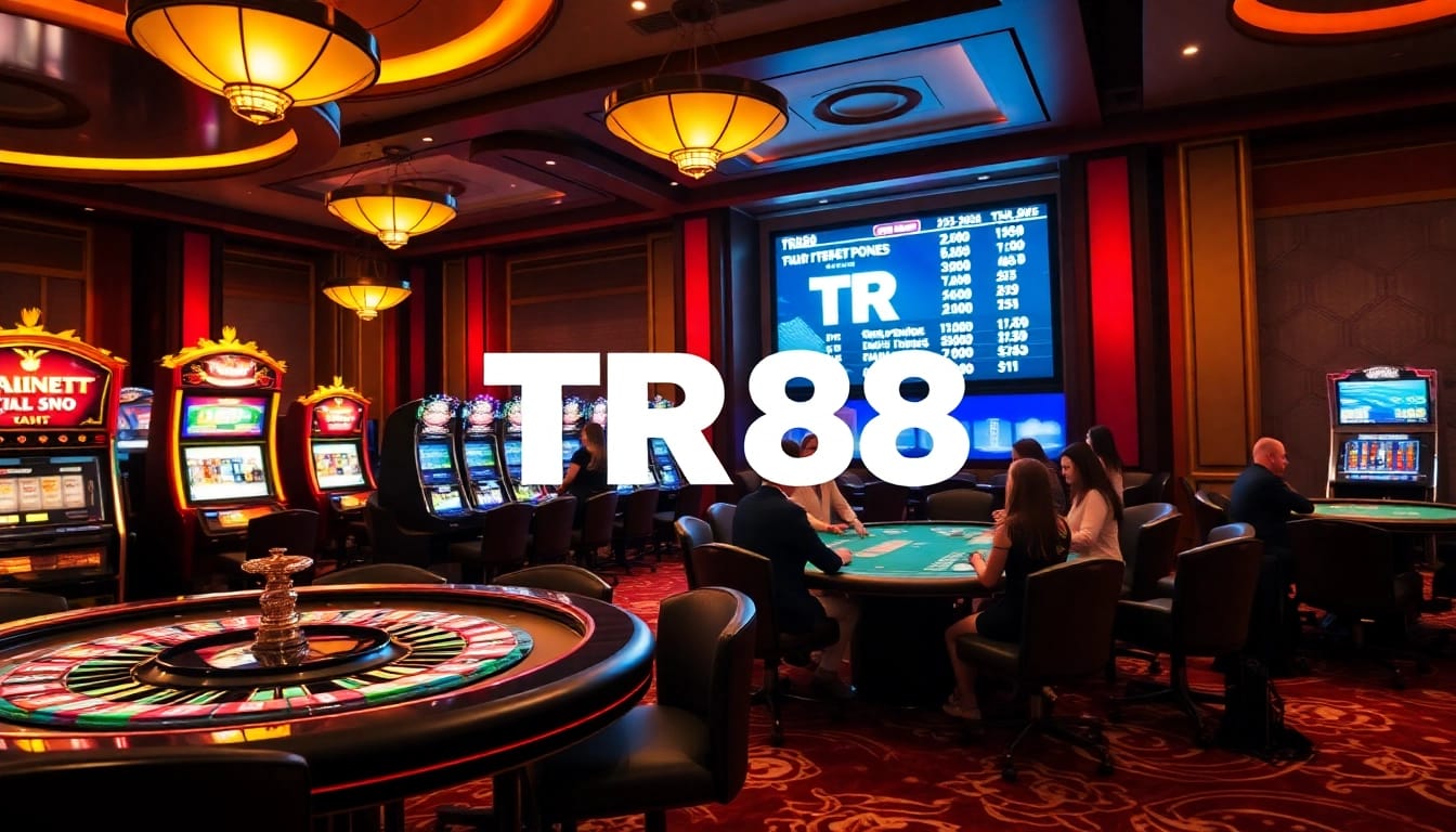 Experience the excitement of TR88 with players at luxurious casino tables and vibrant slot machines.