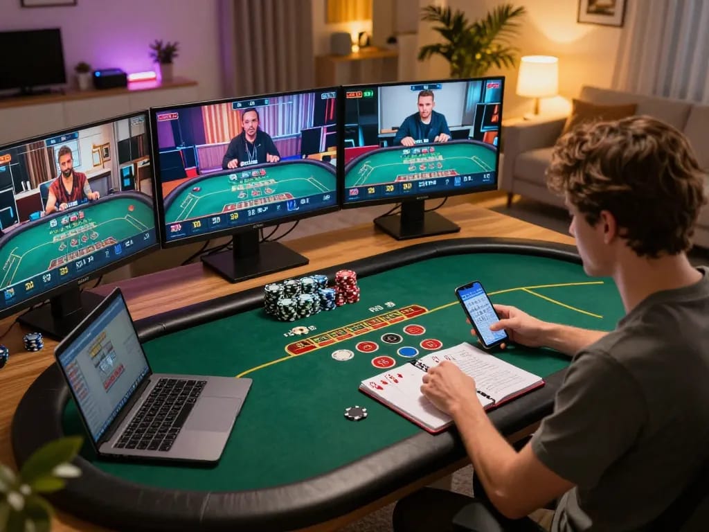 Person engaging in upintogel login for online live casino gameplay with laptop and smartphone.