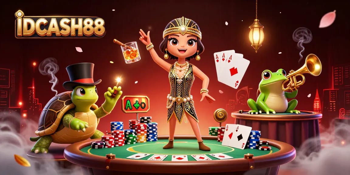 Play interactive games with IDCASH88 at a lively casino atmosphere featuring vibrant cartoon characters.