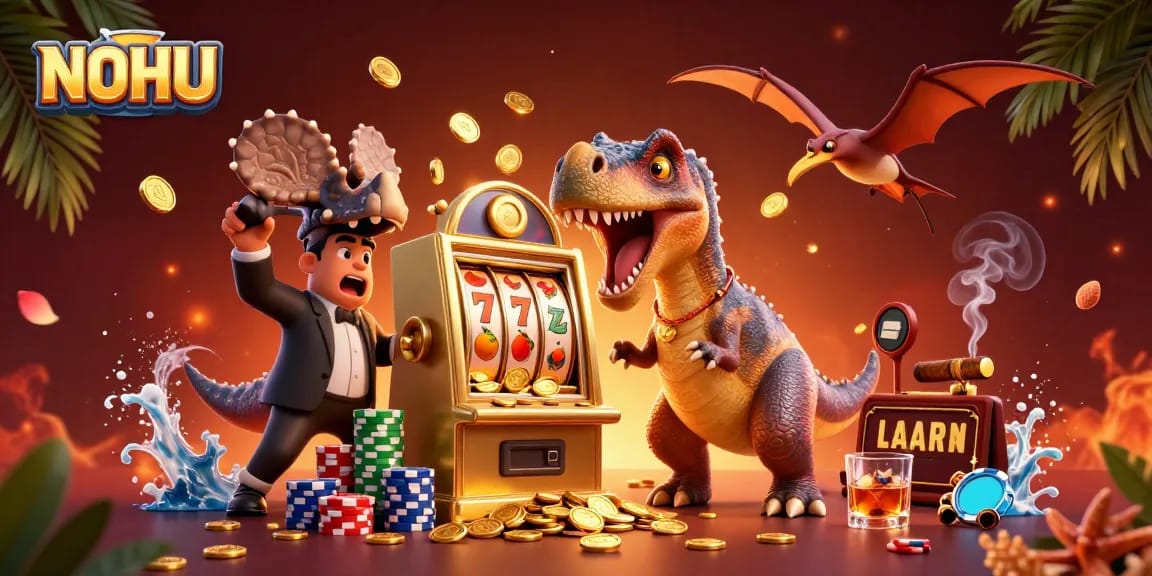 NOHU slot machine scene with a dinosaur winning jackpot coins while a casino manager looks on