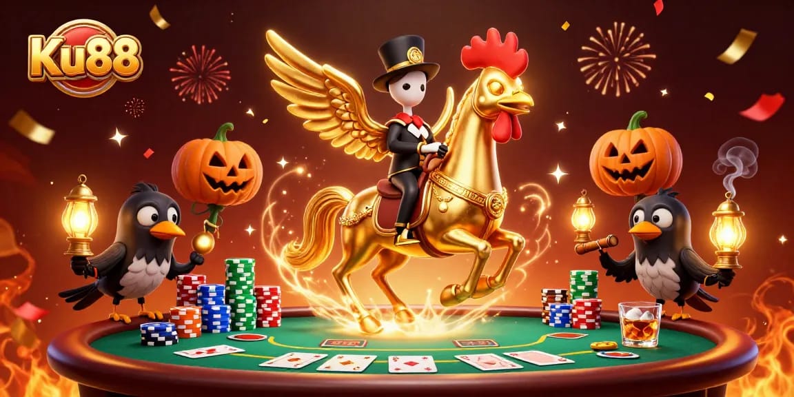 Engage in thrilling poker at Ku88 with a golden rooster riding a spectral horse.