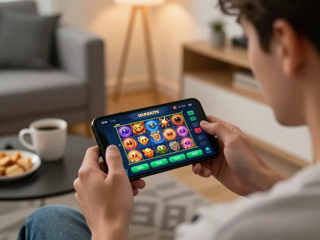 Engaged user playing kdslots on mobile with colorful slot games visible, cozy home atmosphere