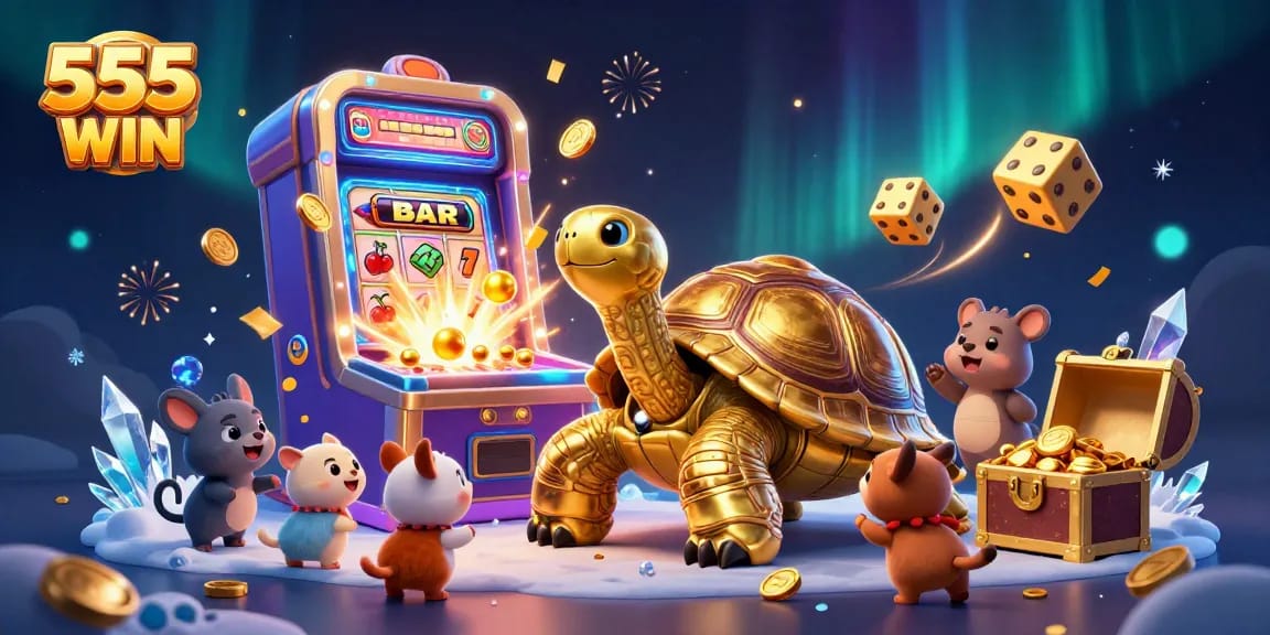 Experience the thrill of 555 WIN with vibrant casino-themed illustrations showcasing dynamic gaming elements.