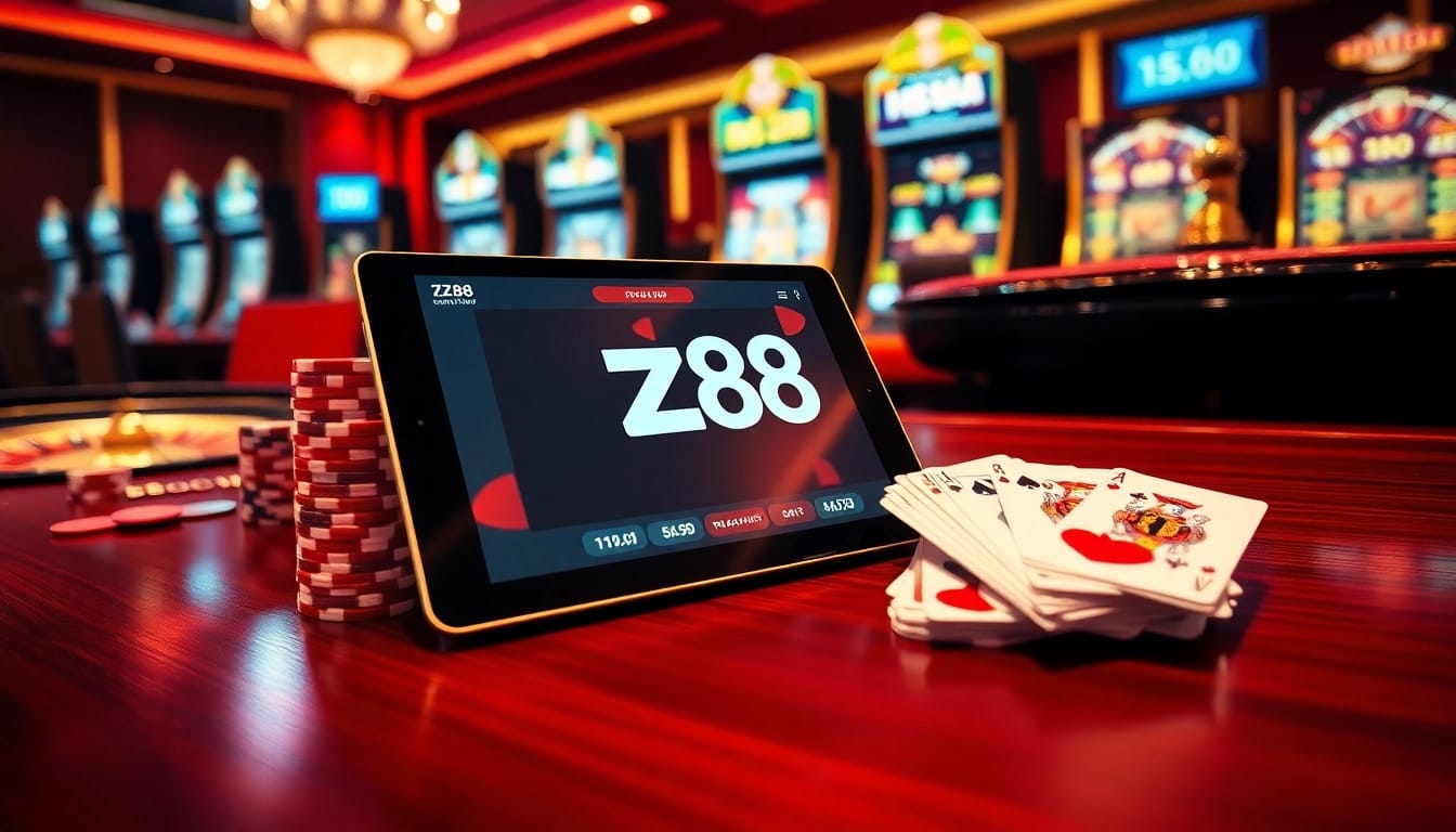 hz88 online casino engaging poker chips and cards on digital gambling table