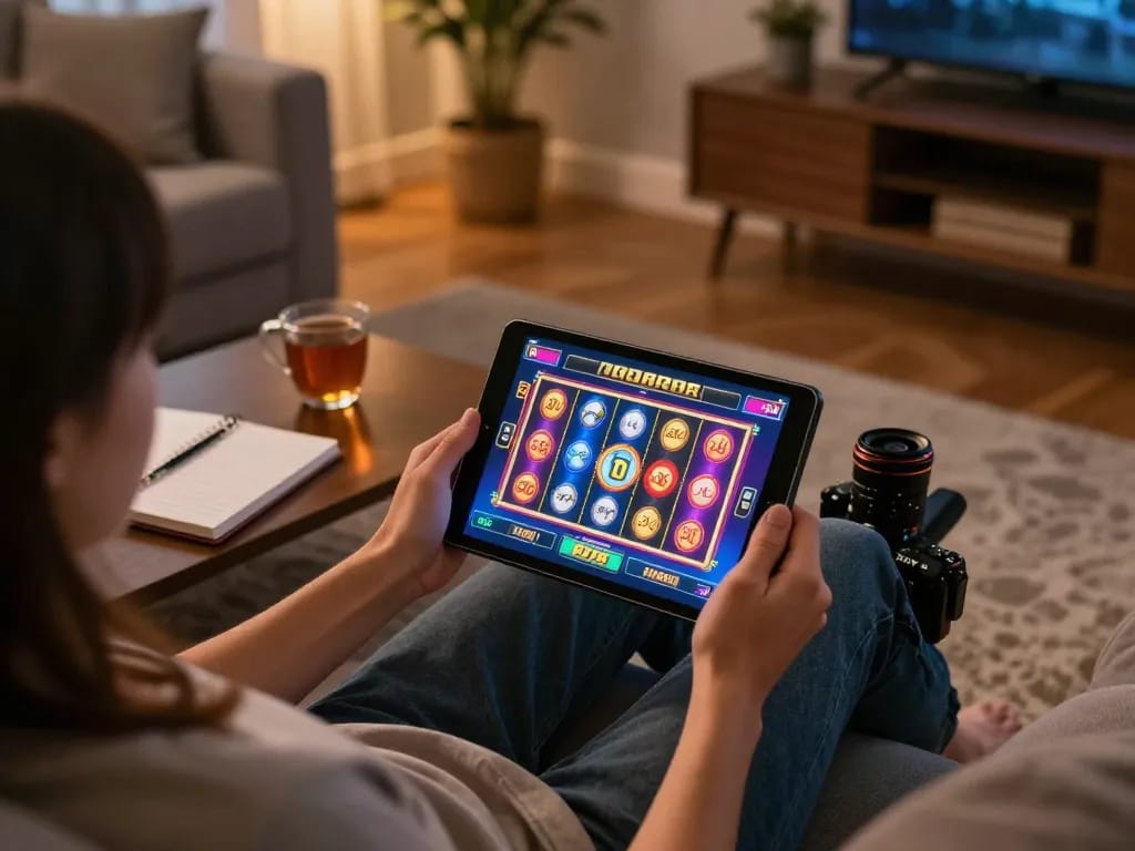 Enjoying a slot game on FO88 app with tablet and strategy notes in a cozy setting
