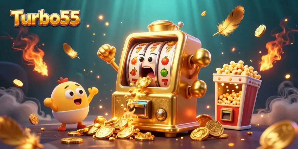 Turbo55 slot machine celebrates a jackpot win as coins pour out, creating a lively casino atmosphere.