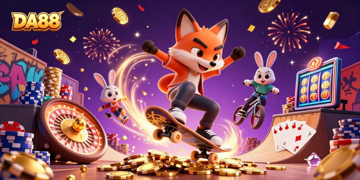 Experience thrilling moments at DA88, showcasing dynamic casino action with playful characters.