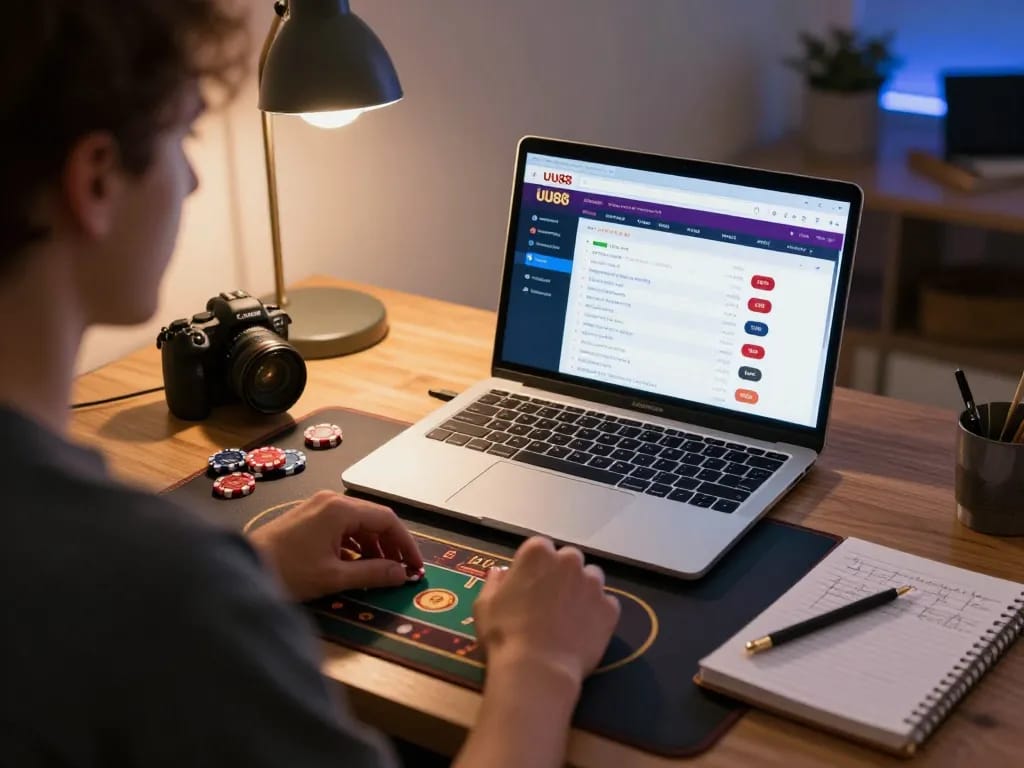 Engaging with UU88 online poker game in a cozy home office atmosphere.