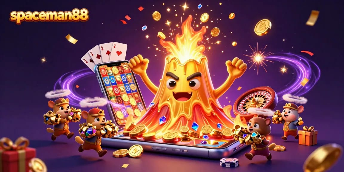 spaceman88 showcases an exciting casino scene with treasures and colorful slot games