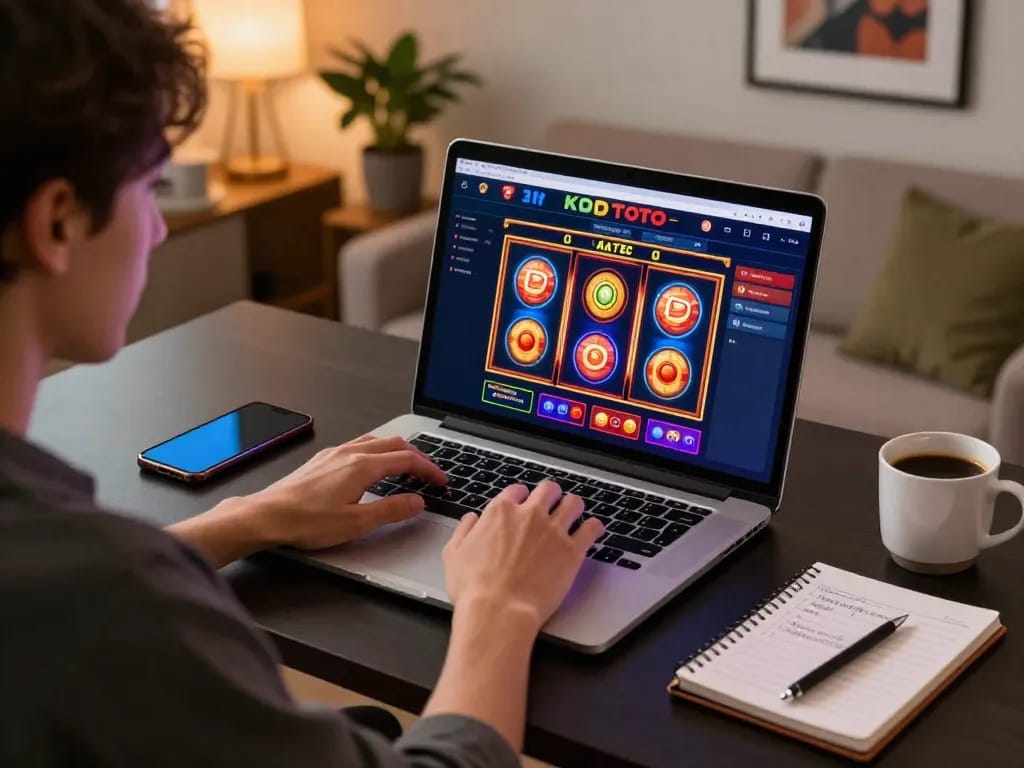 KDTOTO player enjoying online casino gaming on a laptop with colorful slot reels spinning, in a cozy home setting.