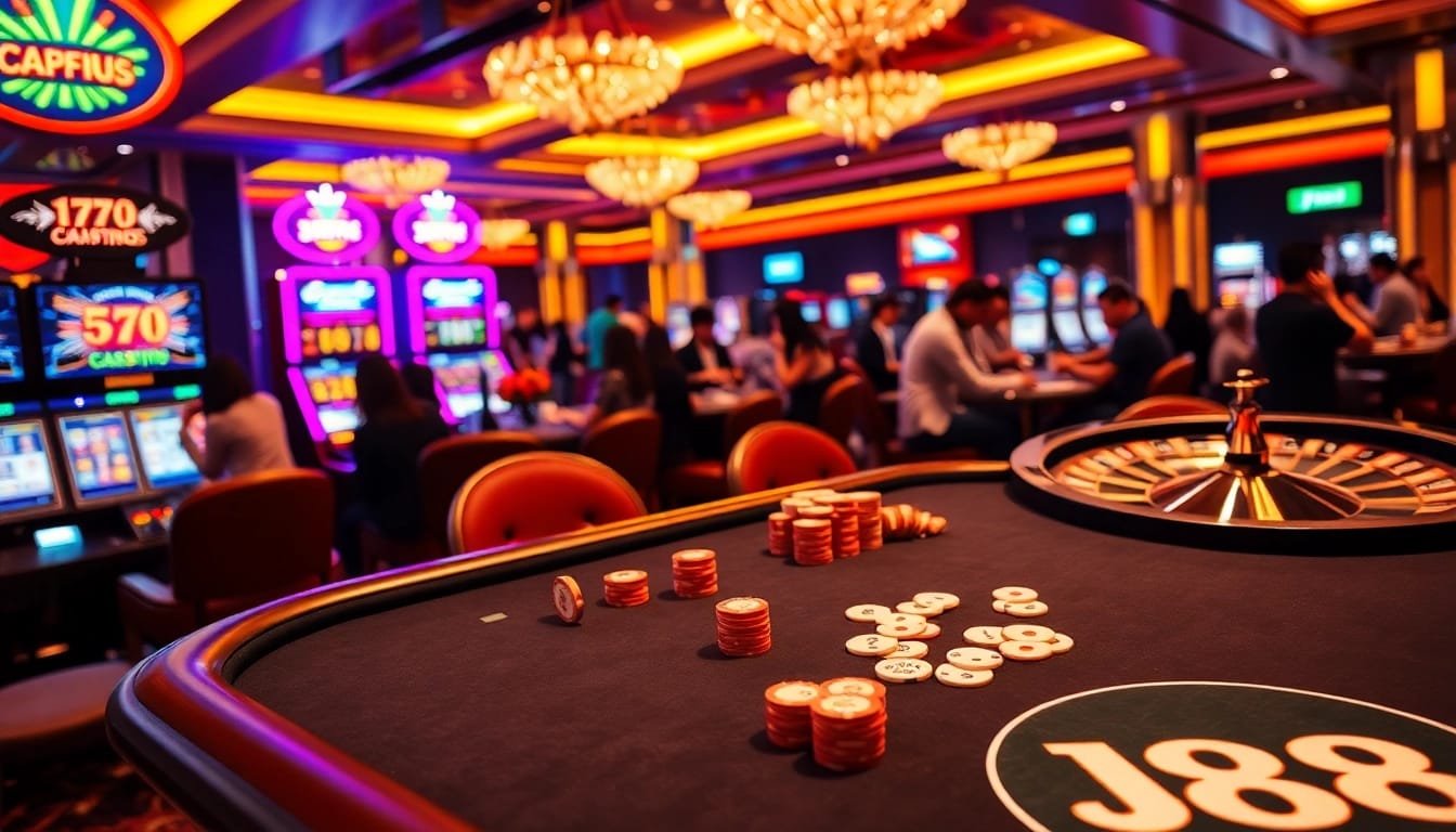 Engage with J88 Casino's exciting poker table and vibrant slot machines amidst a lively gaming atmosphere.