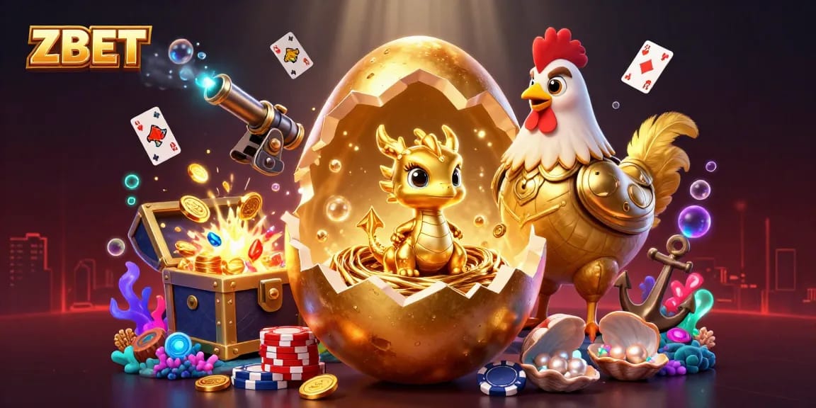 ZBET showcases a treasure-filled scene with a golden dragon and poker chips, immersed in rich gaming elements.