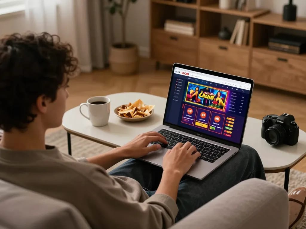 Engaging with GO8's online casino platform from a cozy home setup, displaying gaming excitement.