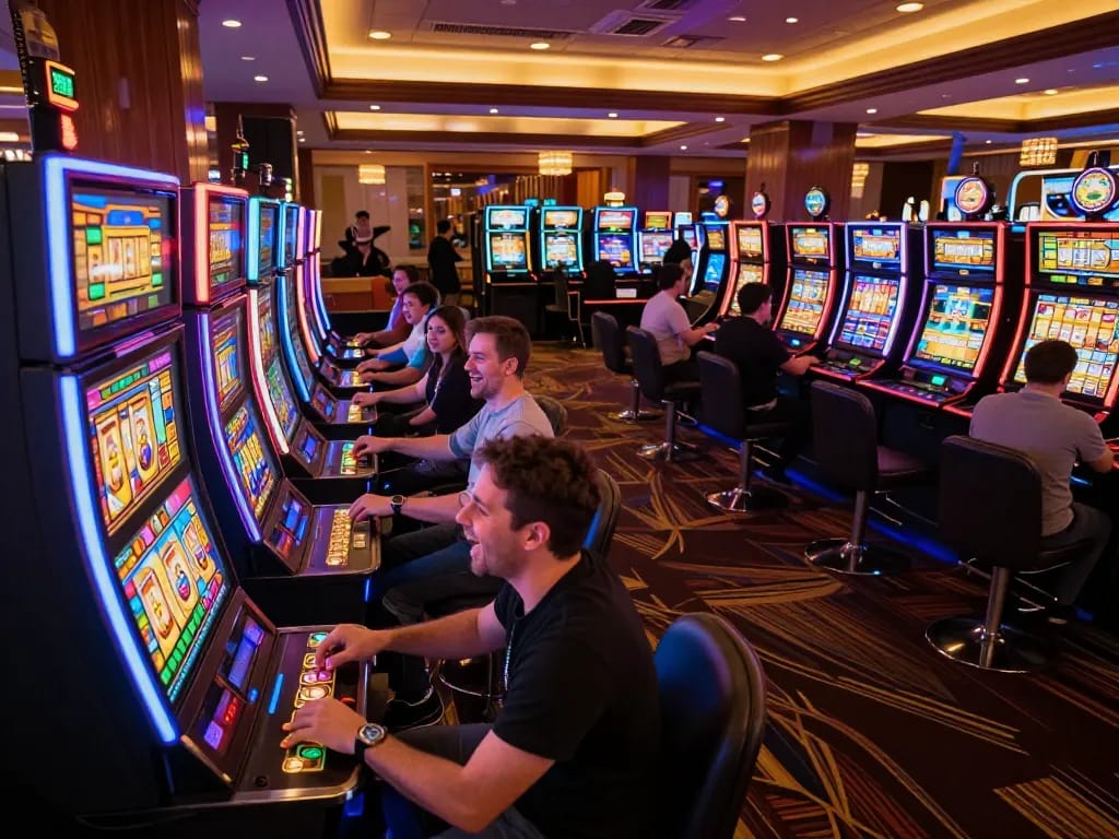 Players enjoying link slot machines in a vibrant casino, celebrating wins with excitement.
