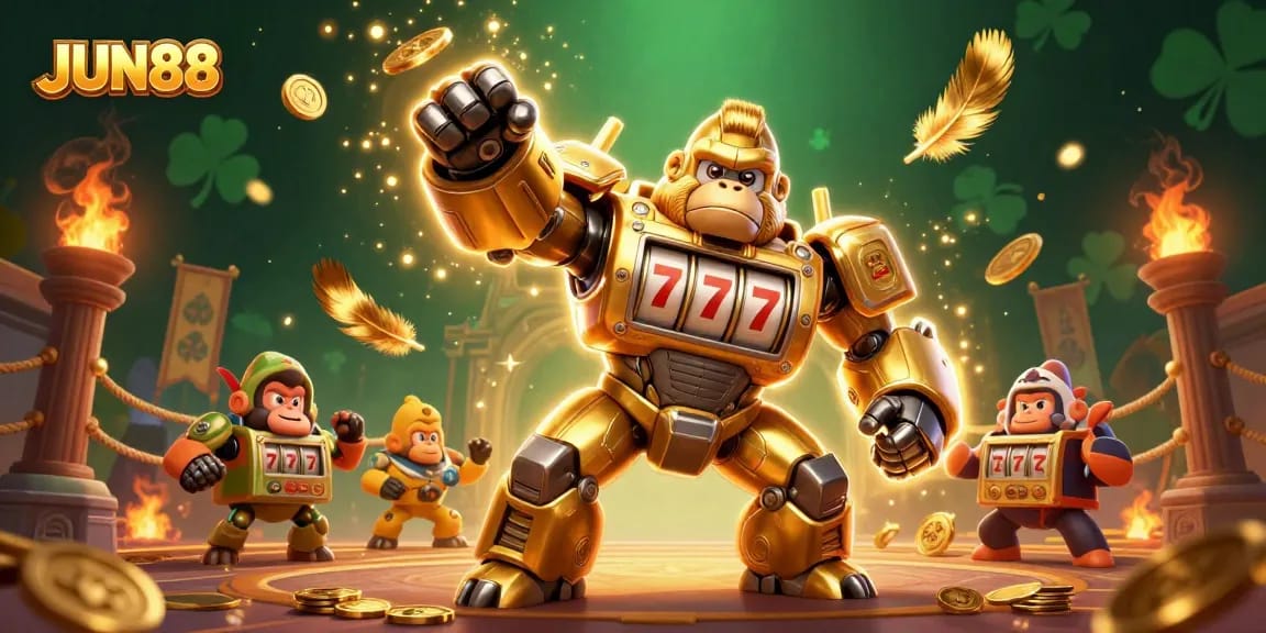 Join the excitement at JUN88 with a vibrant 3D casino scene showcasing winning slot machines and dynamic elements.