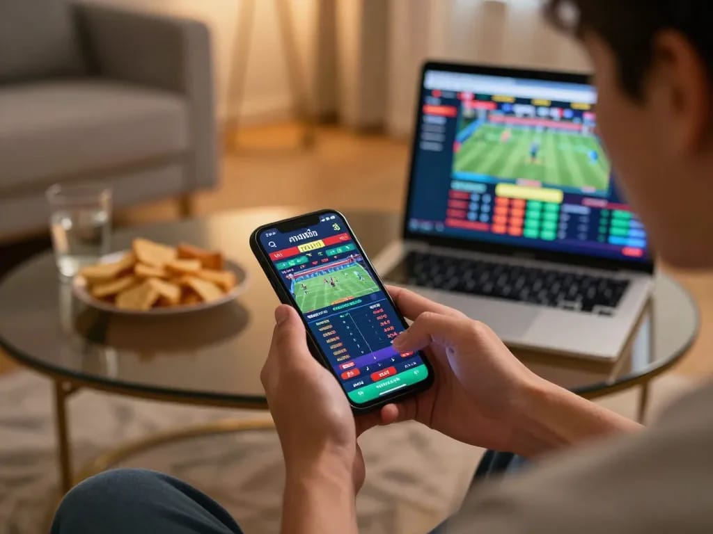 Engaging in live sports betting using ทางเข้า m100 on a smartphone, showcasing an exciting home atmosphere.