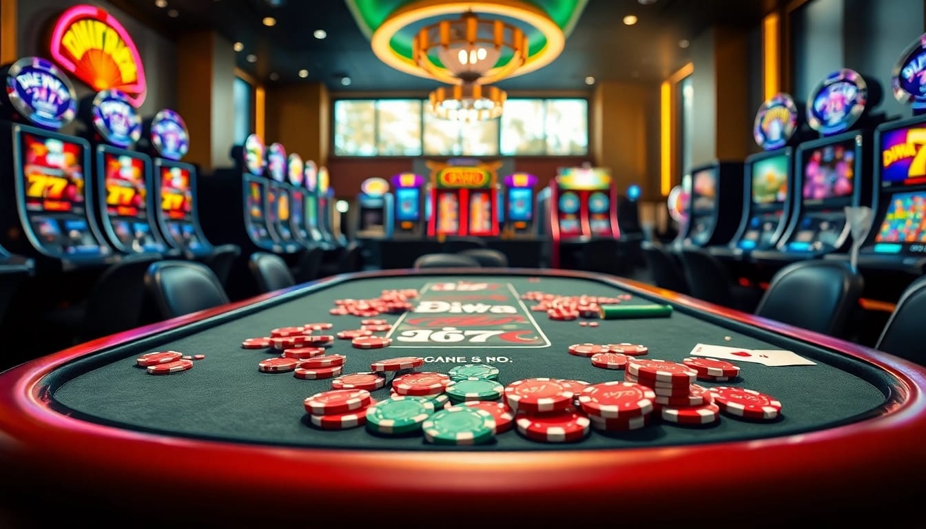 Engage in the thrill of Diwa 777 with vibrant chips on a bustling casino table.