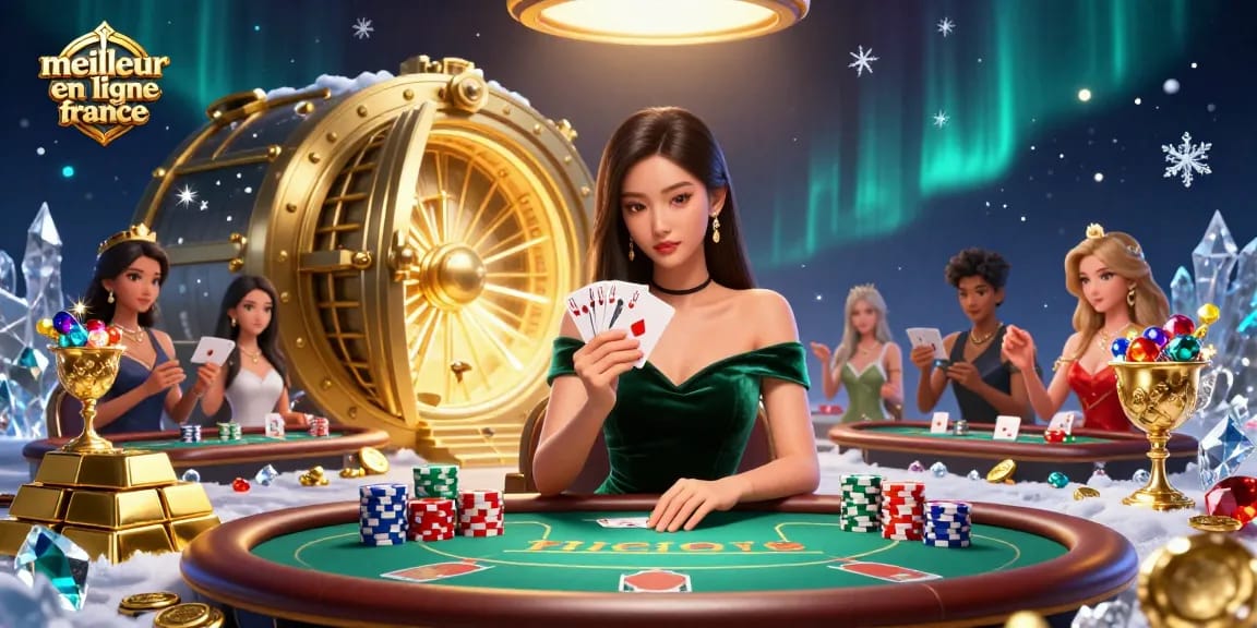 A stunning 3D illustration showcasing the meilleur casino en ligne france, featuring an elegant woman at a poker table surrounded by treasure.